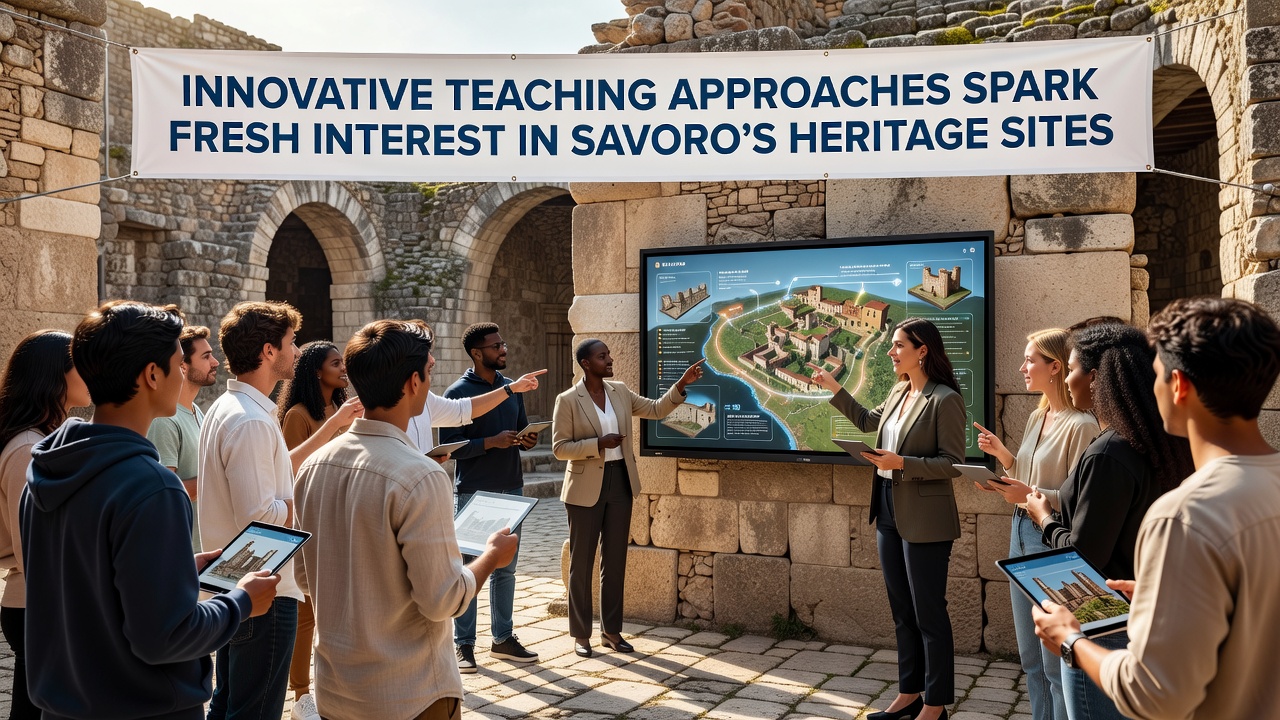 Students collaborating on digital mapping projects at a Savoro heritage location