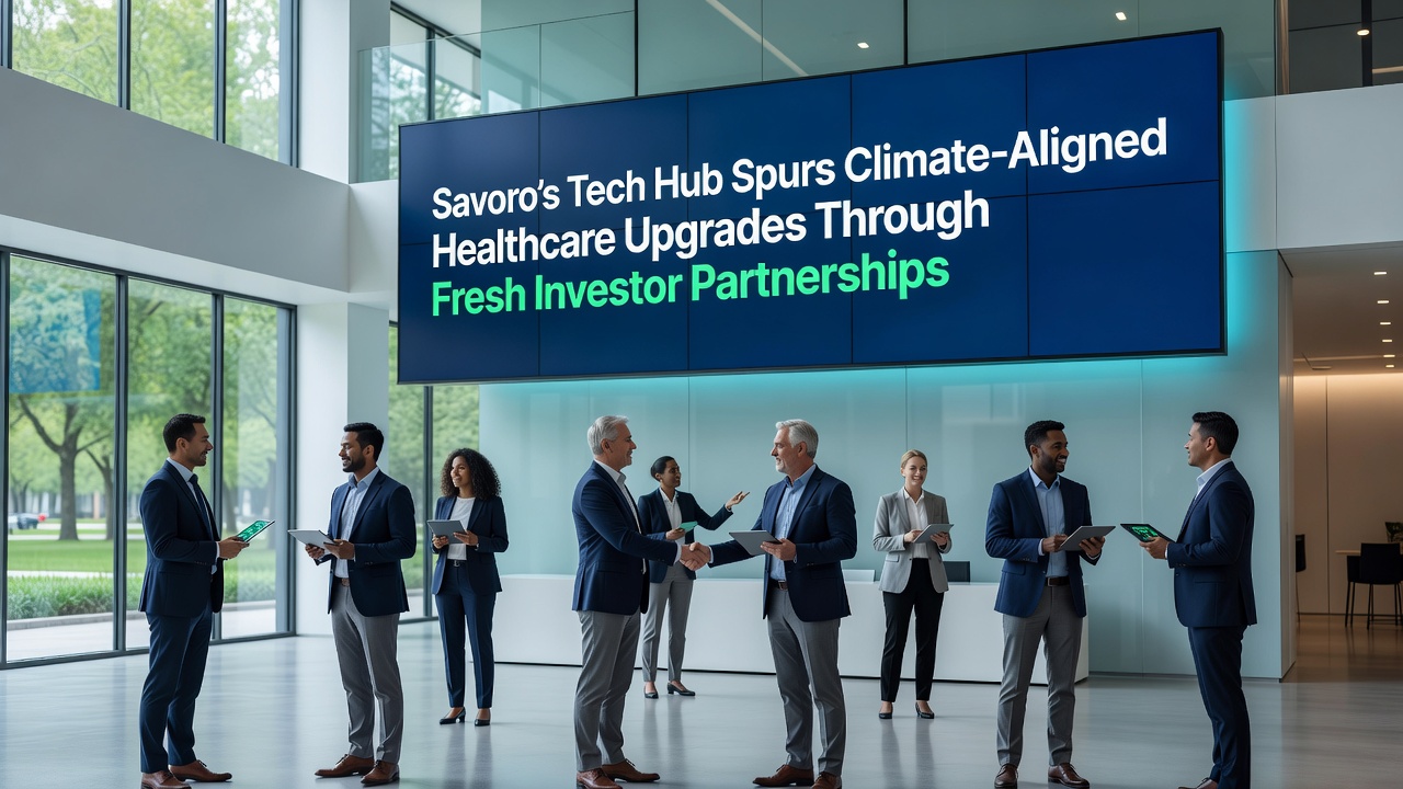 Interior of a modern healthcare facility in Savoro's tech hub showing sustainable design elements like natural lighting and energy-efficient medical equipment
